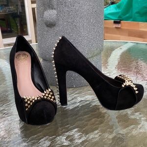 Vince Camuto Black Suede Heels with Gold Studs on Heel and Front Bow.